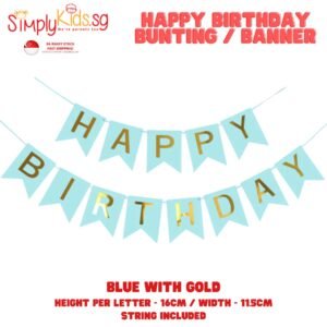 Happy Birthday Bunting  16 cm 1 Set Blue Background with Gold Letters
