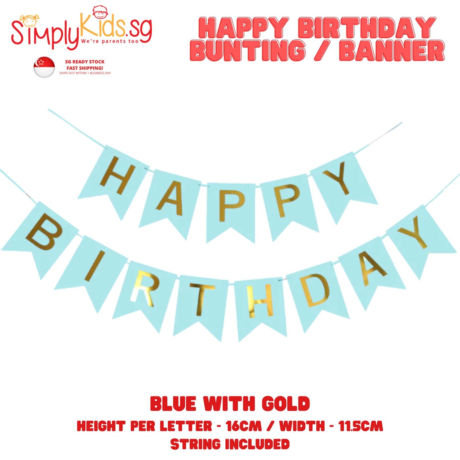 Happy Birthday Bunting 16 cm 1 Set Blue Background with Gold Letters