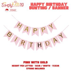 Happy Birthday Bunting  16 cm 1 Set Pink Background with Gold Letters