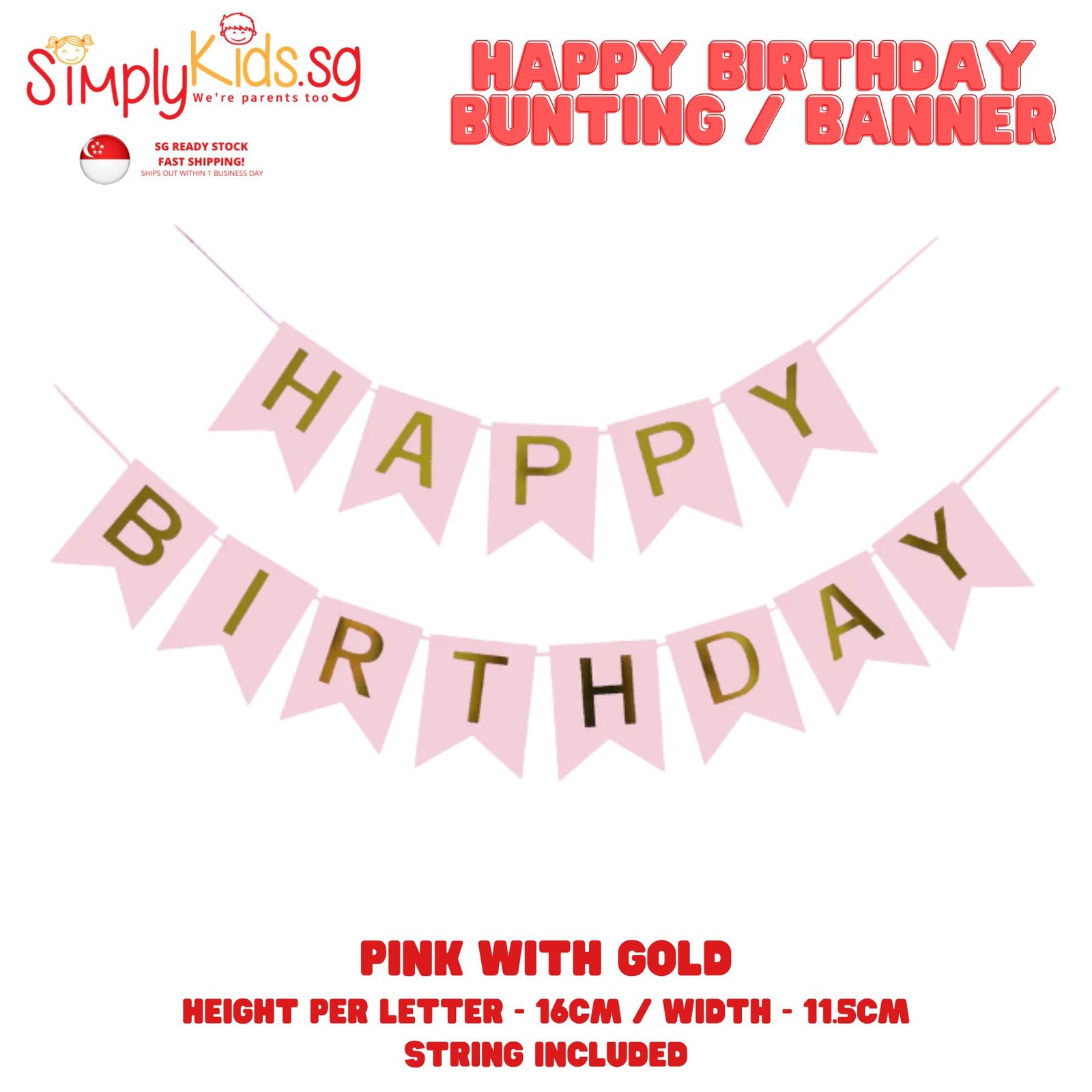 Happy Birthday Bunting 16 cm 1 Set Pink Background with Gold Letters