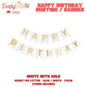 Happy Birthday Bunting  16 cm 1 Set White Background with Gold Letters